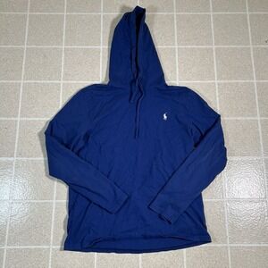 Polo Ralph Lauren Shirt Men M Blue Tee Hoodie Lightweight‎ Thin White Pony